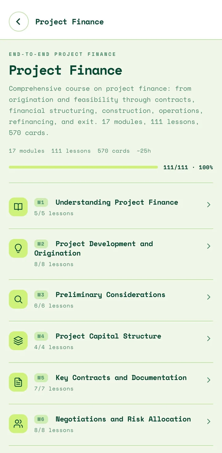 FinLex course page for Project Finance showing 17 modules and lesson progress