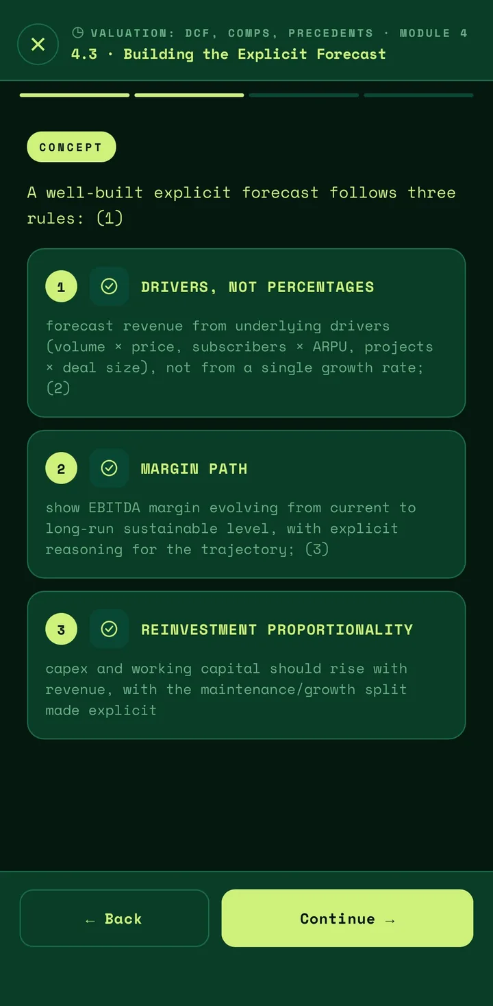 FinLex dark mode lesson on building the explicit forecast in a DCF valuation