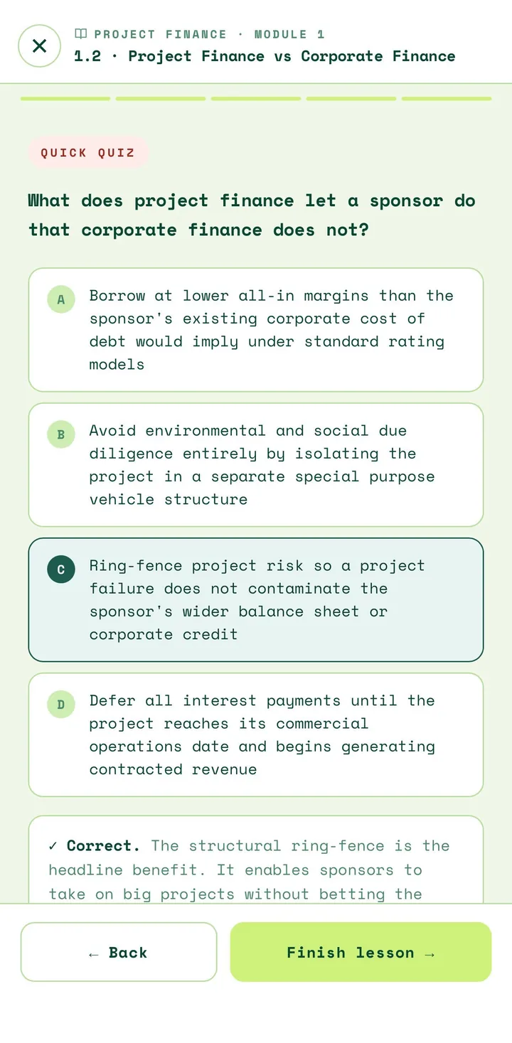 FinLex quick quiz asking what project finance lets a sponsor do, with the correct answer selected