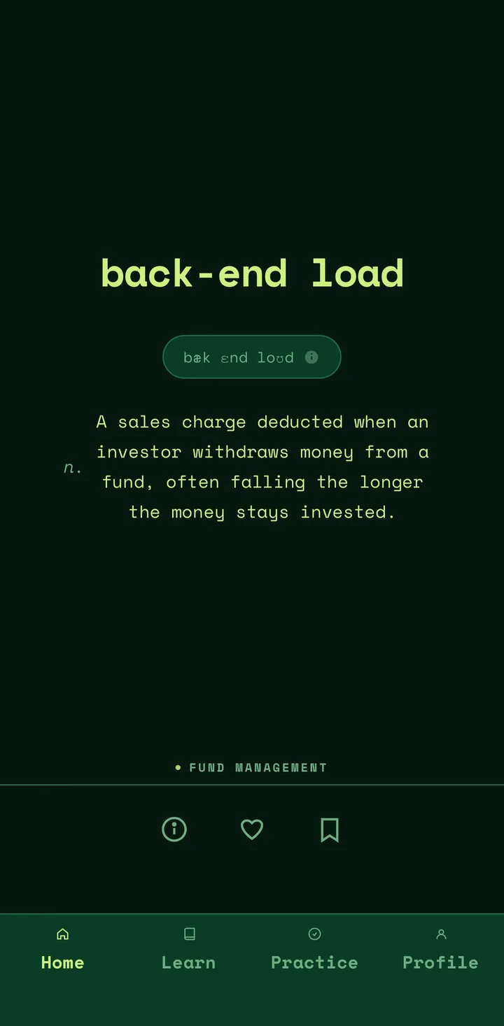 FinLex dark mode word card for back-end load