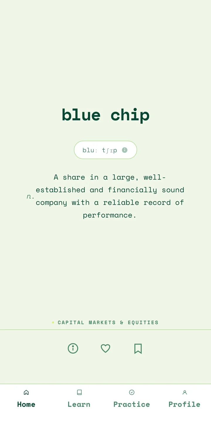 FinLex word card for blue chip with phonetics, definition, and topic tag